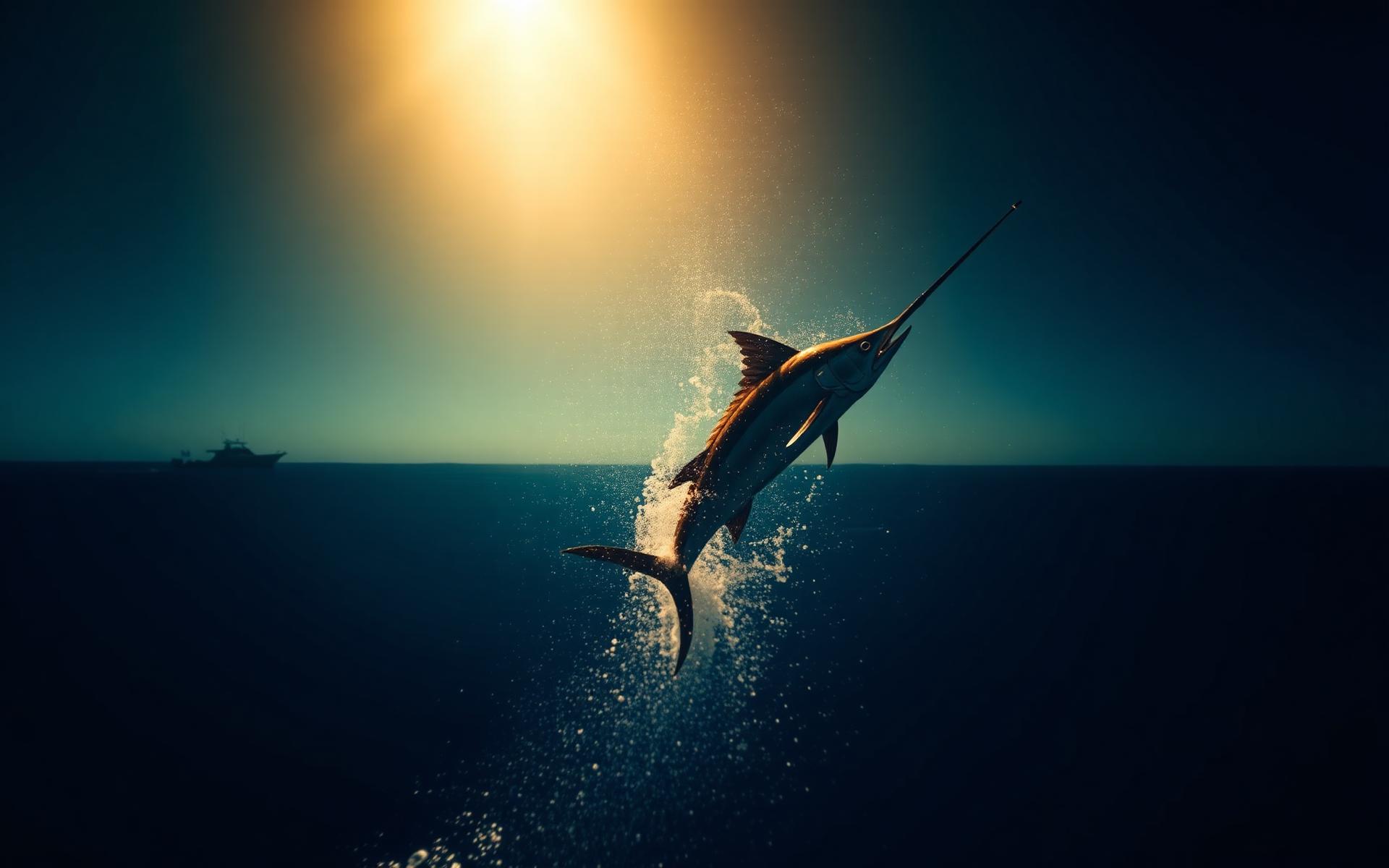 A Pacific sailfish leaping clear of the water at sunrise